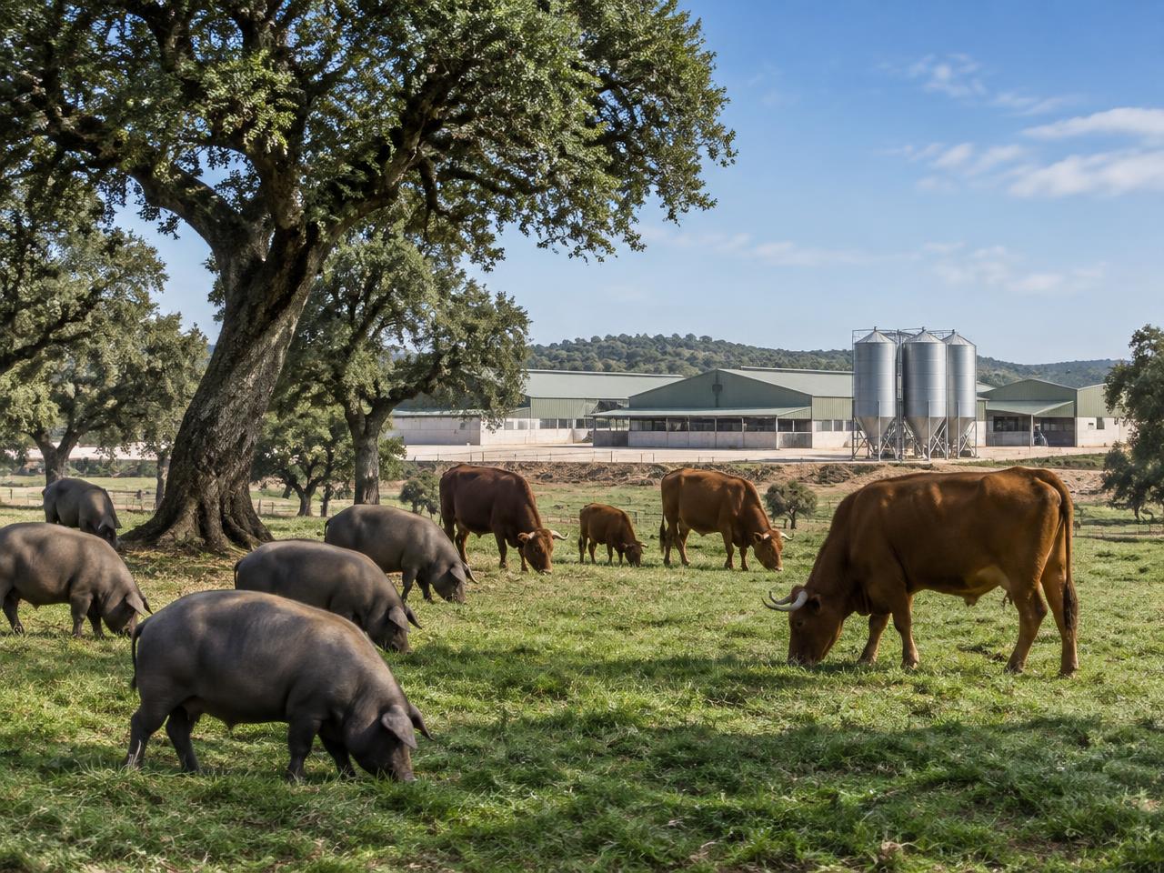 Cerdos ibéricos y vacuno retinto pastando en una dehesa junto a una cooperativa agropecuaria