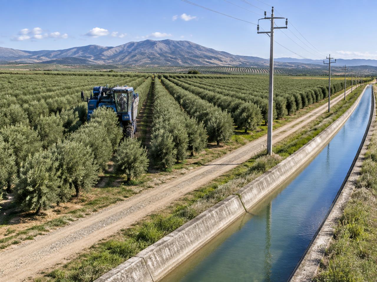 Canal de riego, camino rural, línea eléctrica y olivar superintensivo con cosechadora