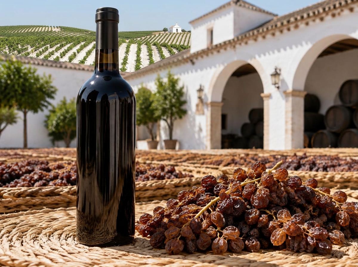 Botella y uvas Pedro Ximénez ante viñedos de Montilla-Moriles